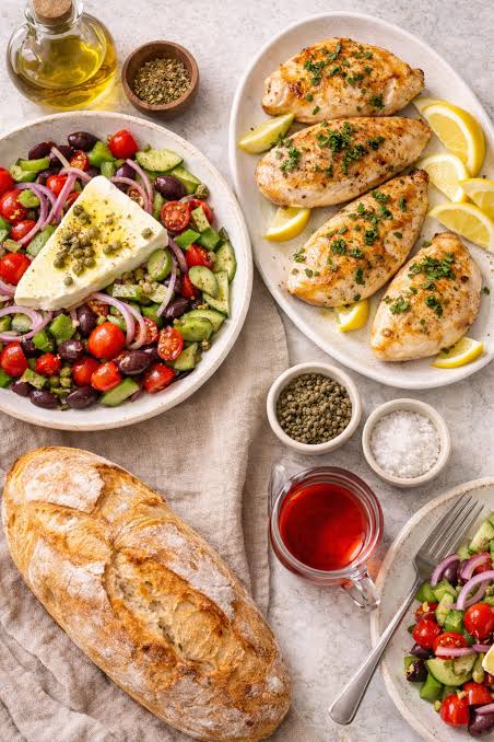 Traditional Greek Village Salad (Horiatiki) with Crusty Bread